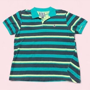 100% Cotton Y2K Volcom Patch Stripe Piqué Polo Skater Surfer Shirt Men’s L